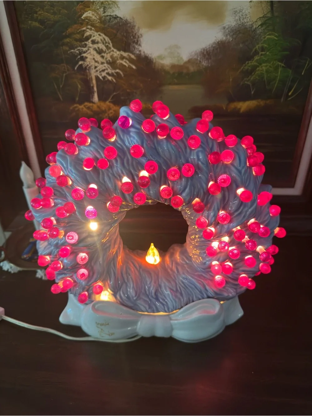 Vintage Lighted ceramic Christmas Wreath – Purple & White Ceramic